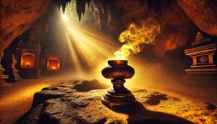 Um espírito dourado e espiral que emerge de uma antiga lâmpada chinesa