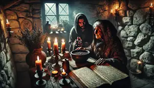 An old Romanian witch sits in a dimly lit cottage, her hands hovering over a mystical bowl as Prince Radu listens intently.