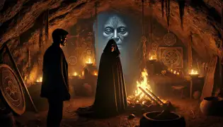 Inside a dimly lit cave, the witch Ximena stands before Daniel and Isabela, surrounded by Mayan artifacts and flickering firelight.