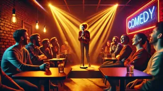 A bold woman performing on stage at a comedy club