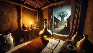 Inside a dimly lit hut, the golden calabash rests on a woven mat, glowing softly as shadows flicker on the mud-brick walls.