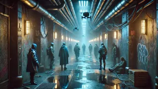 Flüchtlinge, die in einem schwach beleuchteten unterirdischen Tunnel einer Cyberpunk-Stadt der Entdeckung entkommen