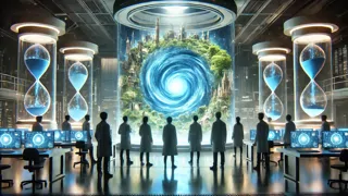 Ingenieros presenciando el primer portal estable mientras la Máquina Antigua se enciende