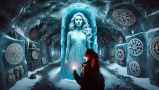 A glacial cavern glowing with blue light, showing ancient artifacts in ice and a frozen figure at the center.