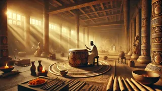 A royal artisan chiseling intricate symbols into the magic drum under a soft sunrise glow