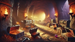 Intérieur d'une grotte secrète remplie d'or, de pierres précieuses et de coffres anciens