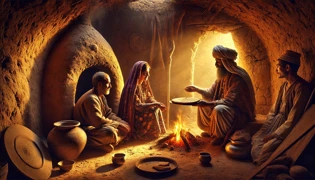 Prophet Elijah wandering through rugged Kurdish mountains as a poor couple watches