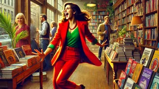 A vibrant woman in a red blazer enthusiastically selecting books