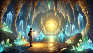  Mia inside a magical cave with glowing crystals and a golden orb floating above a radiant pool.