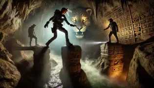 Explorers balance on stone pillars over a misty chasm, pursued by a jaguar in the shadowy cave interior.