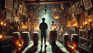 Inside a Santería shop, Mateo gazes at three sacred Batá drums on an altar, with Don Sebastián watching from the shadows.