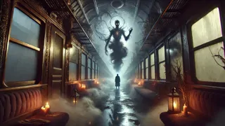 Um deus espectral pairando acima de um viajante em um vagão de trem iluminado por velas