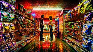 Paar streitet im Gang eines Convenience Stores