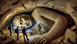 Inside a dark cave, a massive stone figure lies buried, covered in runes, as explorers examine it under dim lantern light.