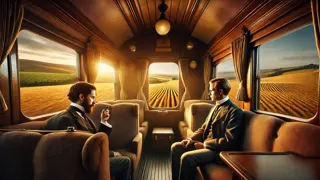 Phileas Fogg regardant par la fenêtre du train tandis que le paysage européen défile à toute allure