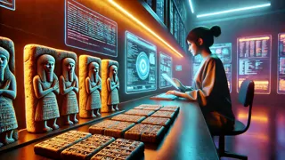 Aria examinant des tablettes cunéiformes fragiles sous des lumières LED, entourée de flux de données en réalité virtuelle