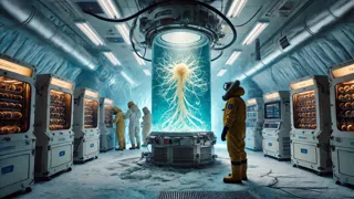 Table de laboratoire avec un échantillon organique extraterrestre conservé dans une cryo-chambre
