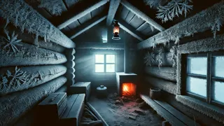 Interior de una pequeña cabaña cubierta de escarcha, con brasas ardientes en la chimenea.