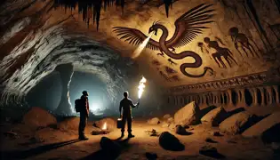  Inside a dimly lit cave, Daniel and Sibusiso examine ancient San rock paintings depicting a winged serpent breathing fire.