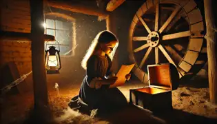  Inside an old windmill, a young girl kneels beside a chest, holding an aged letter by lantern light, surrounded by cobweb-covered gears.