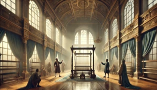 Weavers demonstrating invisible cloth on empty looms in the Emperor’s court