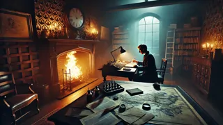 El Dr. Mortimer presentando el manuscrito antiguo a Holmes y Watson en el estudio de Baker Street.