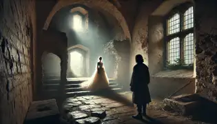  Lukas stands in awe inside the ruins of Aggstein Castle as the ghostly figure of Elisabeth von Hohenburg appears before him.