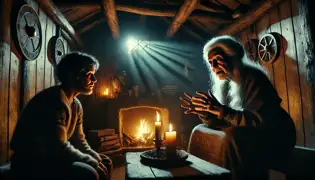 Inside a dimly lit home, Ása Björnsdóttir, an elderly woman, shares the legend of the cursed seal by the flickering fireplace.