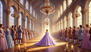 Cenicienta llegando al majestuoso Château de Bellemont con un deslumbrante vestido de seda lavanda