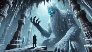 Inside the Frost Keep, Elias faces Jörmundr, a towering Frost Giant made of ice and stone, glowing eyes filled with ancient wisdom.