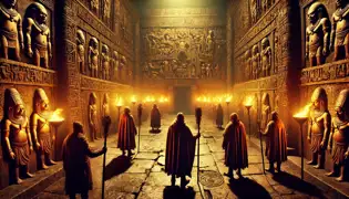 A vast stone courtyard illuminated by torches, with robed Guardians wearing wooden masks emerging from the shadows.