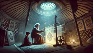 Inside the yurt, an elderly woman, Uulzhan, weaves a glowing rug on a sacred loom as Aisulu watches in amazement.