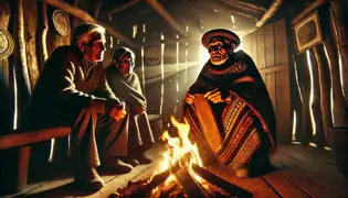 Abuelito Camilo, an elderly storyteller, shares the legend of the enchanted bell with Diego and Rosa by a warm, crackling fire.