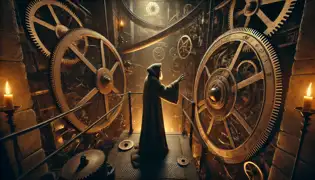 Horace stands inside the Astronomical Clock’s massive gears, reaching for a bronze lever while Master Hanuš’s ghost watches.