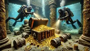 Inside an underwater chamber, divers discover chests of gold, ancient scrolls, and a golden medallion with an unknown symbol.