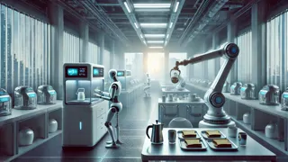Interiores de la cocina impecable de la casa automatizada, preparada para el desayuno sin ocupantes