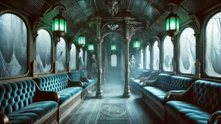 Interior de uma carruagem de trem fantasma iluminada por lanternas espectrais