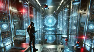 Um interior de caixa-forte elegante, iluminado por luzes de segurança neon-azul, com um hacker solitário em um console luminoso enquanto drones pairam no alto.