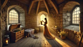 Interior of Rapunzel’s stone tower chamber with potted flowers and narrow window