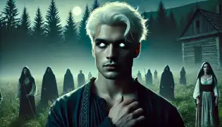  Ionuț stands at the forest’s edge, his hair now white and eyes glowing, staring back at the village he can never return to.