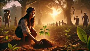 Isabela kneels in a peaceful grove, planting the sacred ceiba seed while villagers watch, sensing the moment’s significance.