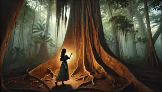 Isabela stands before the massive ceiba tree, her hand touching its warm bark as a golden glow surrounds its ancient roots.