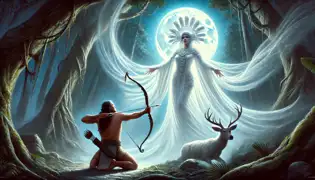 The Moon Goddess, Ix Chel, transforms from a wounded white deer into a celestial figure before a kneeling, awestruck Itzam.