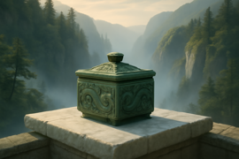 A luminous jade box resting on a carved stone platform high above a misty chasm