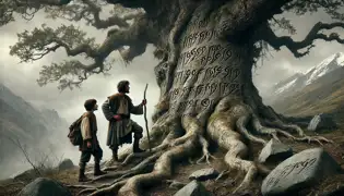 Jakob and Elias examine cryptic carvings on an ancient oak tree, their expressions filled with curiosity and determination.