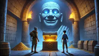  Jakob and Elias stand before a glowing-eyed stone statue as a hidden compartment reveals ancient scrolls instead of gold.