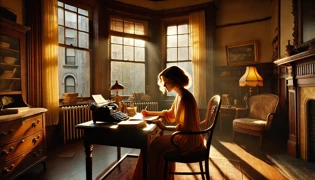 Janis Joplin writing lyrics in a sunlit room of the Pink Palace