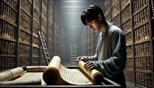 Jihoon unrolls an ancient scroll inside the National Palace Museum, revealing a lost message proving Queen Sohye’s innocence.