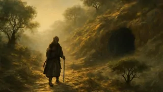 A lone woman climbs a rocky Ethiopian ridge as mist drifts around ancient juniper trees