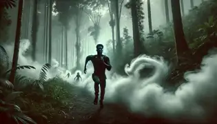 Jovan runs through the rainforest, chased by unseen forces as mist curls behind him like ghostly tendrils.